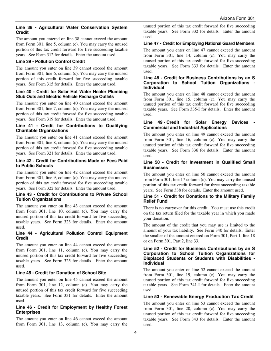 Instructions for Arizona Form 301, ADOR10127 Nonrefundable Individual Tax Credits and Recapture - Arizona, Page 4