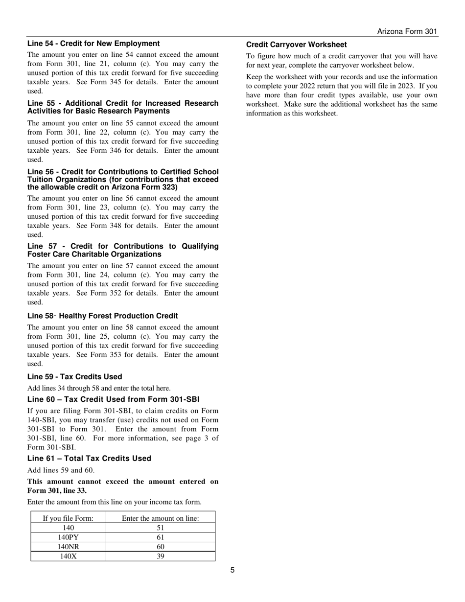 Instructions for Arizona Form 301, ADOR10127 Nonrefundable Individual Tax Credits and Recapture - Arizona, Page 5