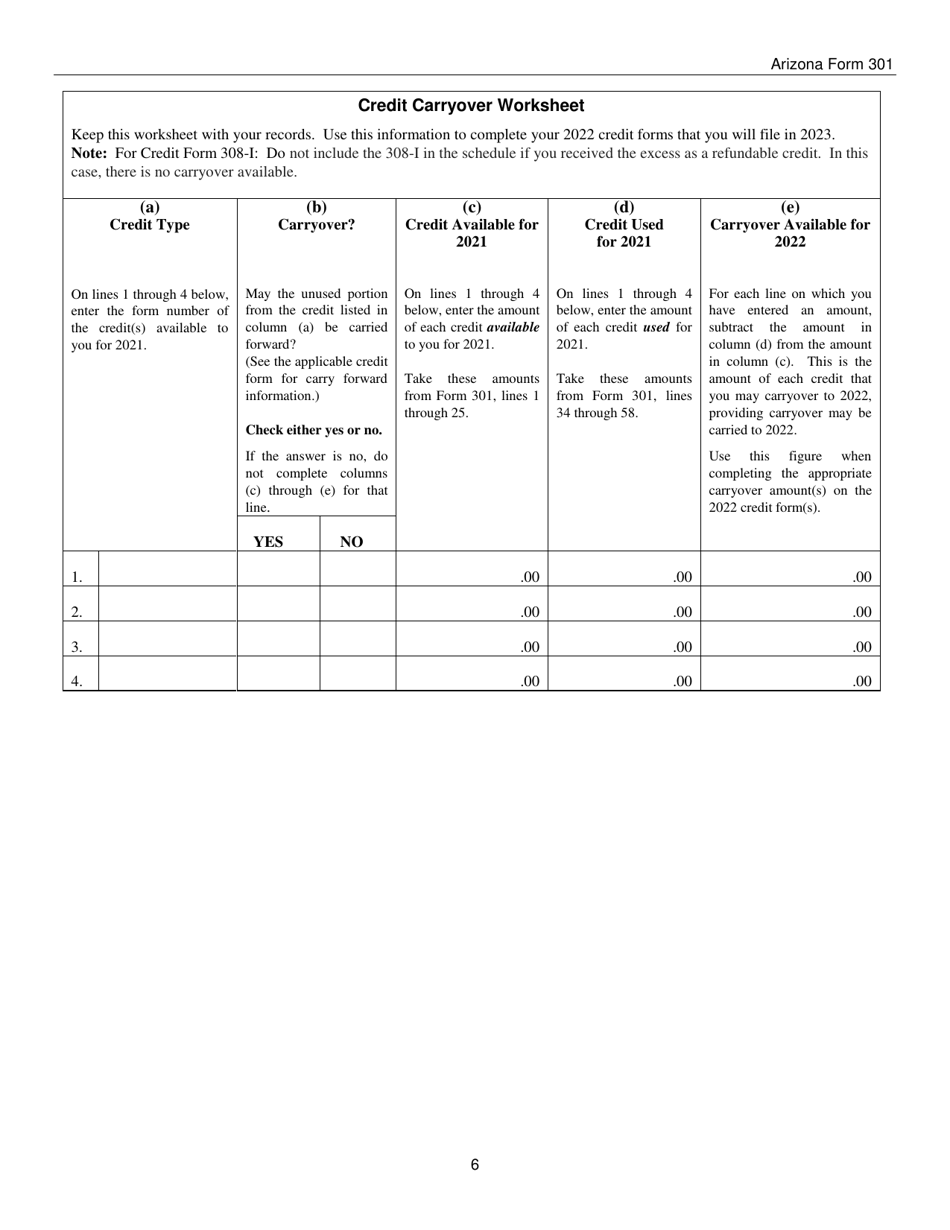 Instructions for Arizona Form 301, ADOR10127 Nonrefundable Individual Tax Credits and Recapture - Arizona, Page 6
