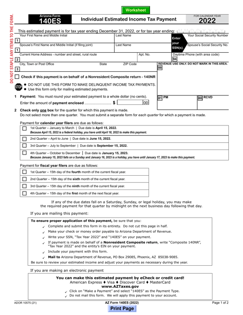 Arizona Form 140ES (ADOR10575) 2022 Printable Pdf