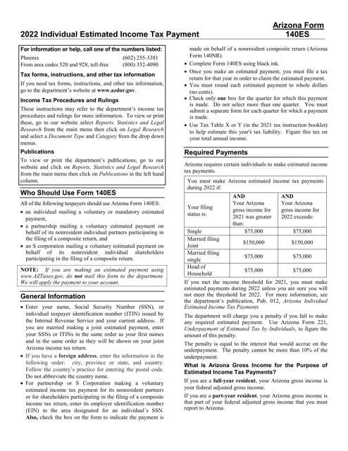 Arizona Form 140ES, ADOR10575 2022 Printable Pdf