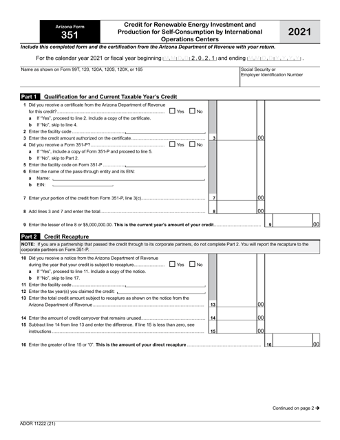 Arizona Form 351 (ADOR11222) 2021 Printable Pdf