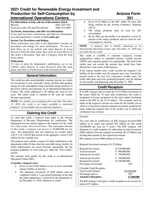 Arizona Form 351, ADOR11222, Arizona Form 351-P, ADOR11248 2021 Printable Pdf