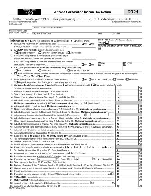 Arizona Form 120 (ADOR10336) Arizona Corporation Income Tax Return - Arizona, 2021