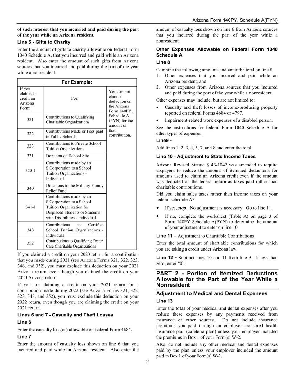 Instructions for Arizona Form 140PY, ADOR10176 Schedule A(PYN) Itemized Deductions for Part-Year Residents Who Also Had Arizona Source Income During the Period of the Year While a Nonresident - Arizona, Page 2