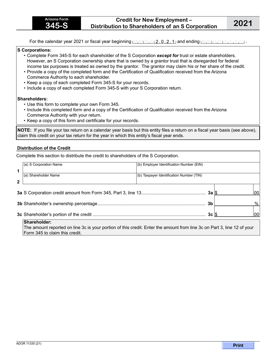 Arizona Form 345-S (ADOR11335) Credit for New Employment - Distribution to Shareholders of an S Corporation - Arizona, Page 1