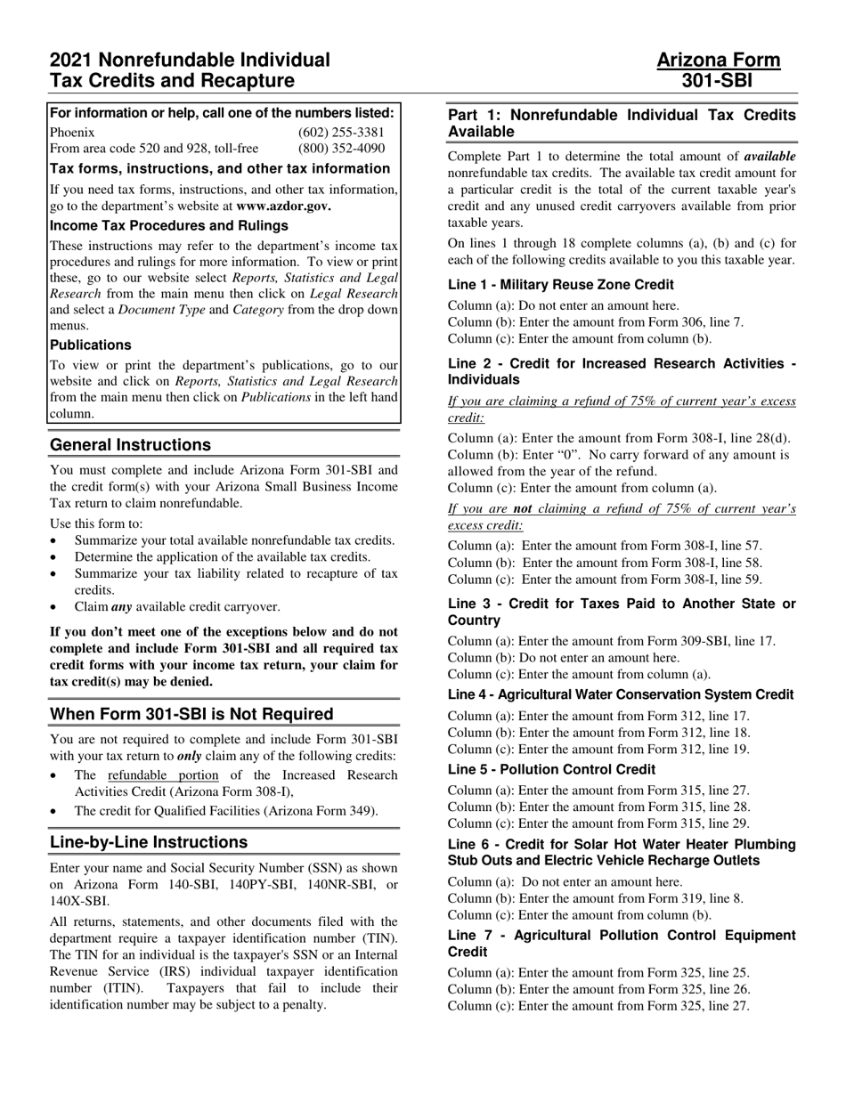 Instructions for Arizona Form 301-SBI, ADOR11405 Nonrefundable Individual Tax Credits and Recapture for Form 140-sbi, 140py-Sbi, 140nr-Sbi or 140x-Sbi - Arizona, Page 1
