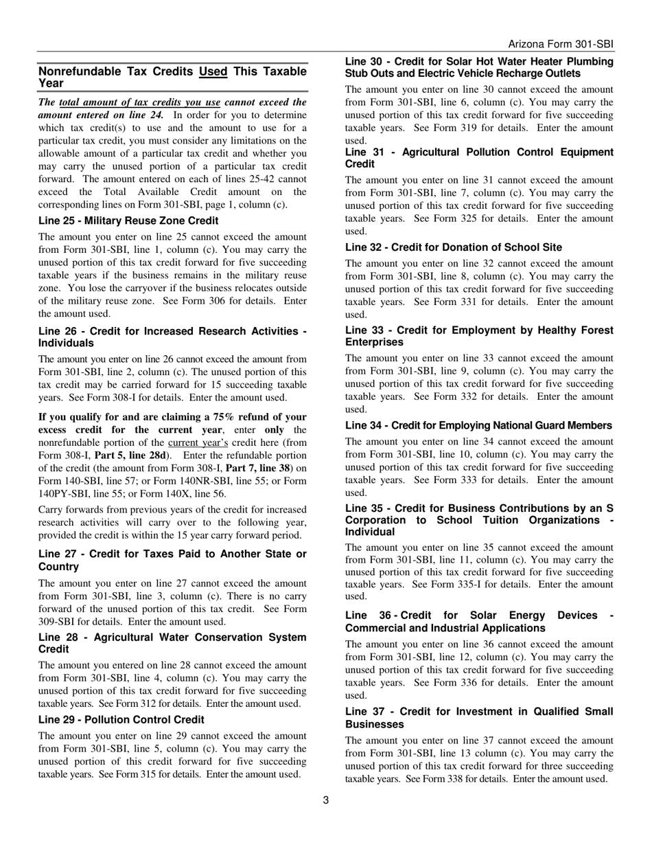 Instructions for Arizona Form 301-SBI, ADOR11405 Nonrefundable Individual Tax Credits and Recapture for Form 140-sbi, 140py-Sbi, 140nr-Sbi or 140x-Sbi - Arizona, Page 3