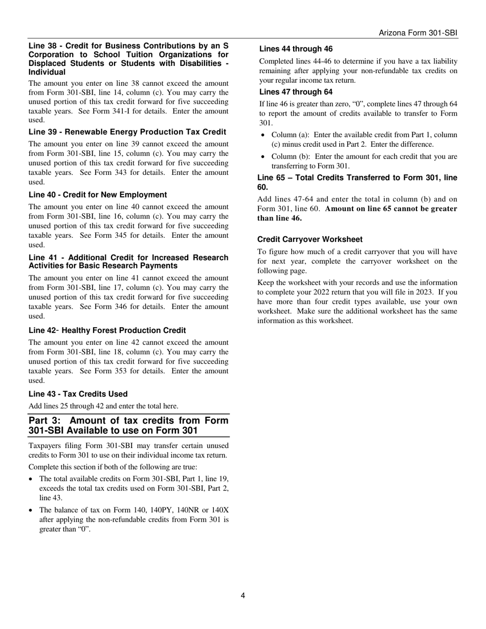 Instructions for Arizona Form 301-SBI, ADOR11405 Nonrefundable Individual Tax Credits and Recapture for Form 140-sbi, 140py-Sbi, 140nr-Sbi or 140x-Sbi - Arizona, Page 4