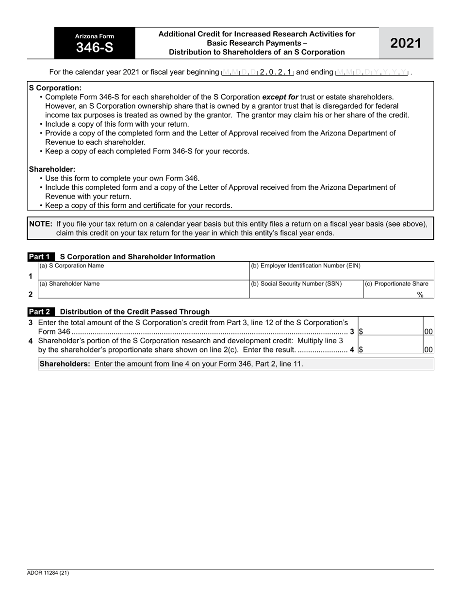 Arizona Form 346-S (ADOR11284) Additional Credit for Increased Research Activities for Basic Research Payments - Distribution to Shareholders of an S Corporation - Arizona, Page 1