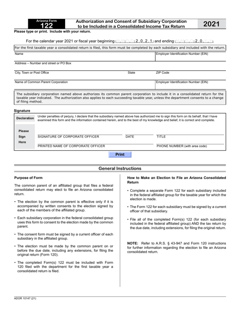 Arizona Form 122 (ADOR10147) 2021 Printable Pdf