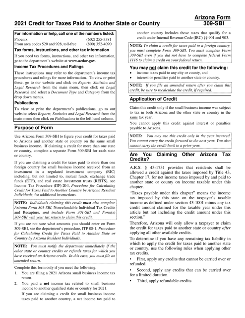 Arizona Form 309-SBI, ADOR11406 2021 Printable Pdf