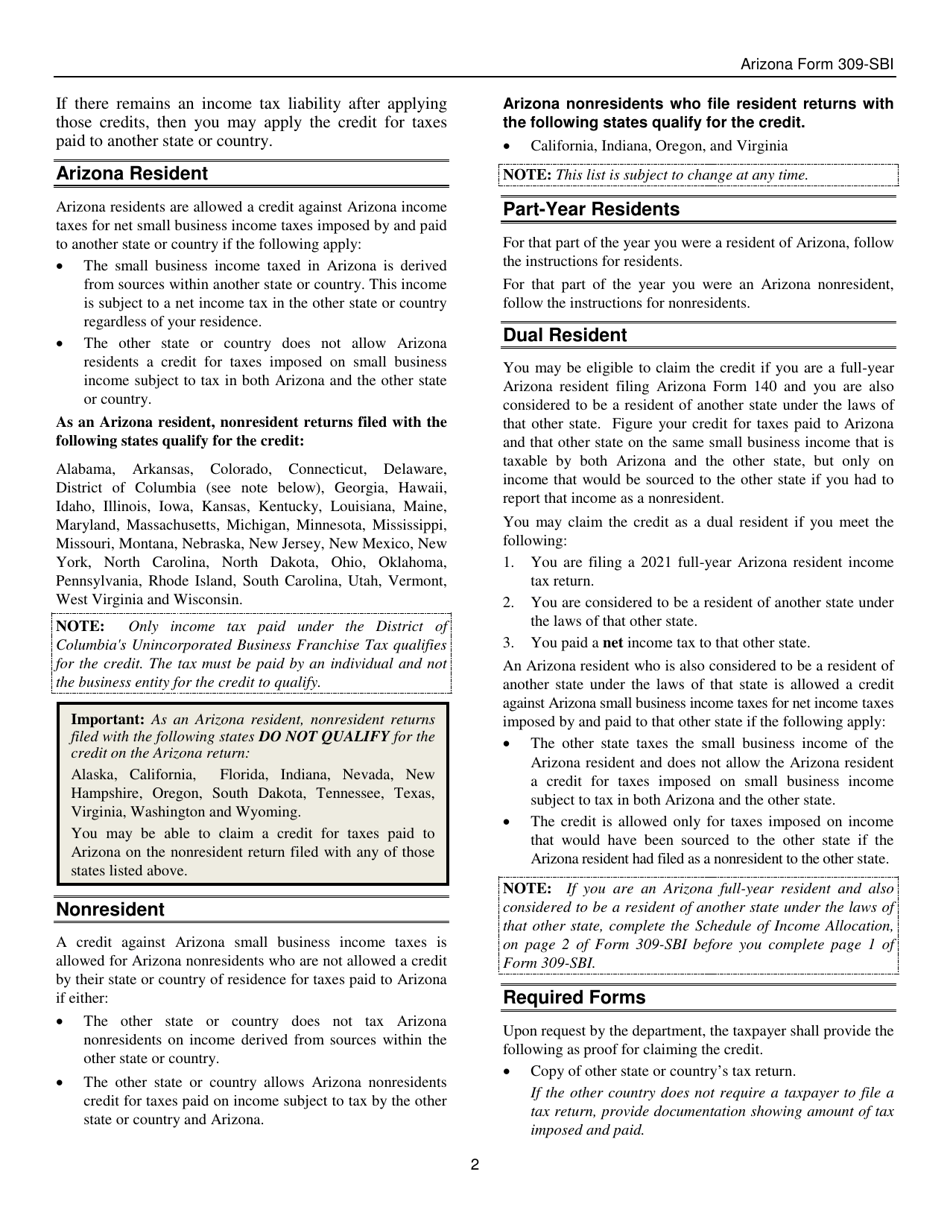 Instructions for Arizona Form 309-SBI, ADOR11406 Credit for Taxes Paid to Another State or Country for Forms 140-sbi, 140nr-Sbi and 140py-Sbi - Arizona, Page 2