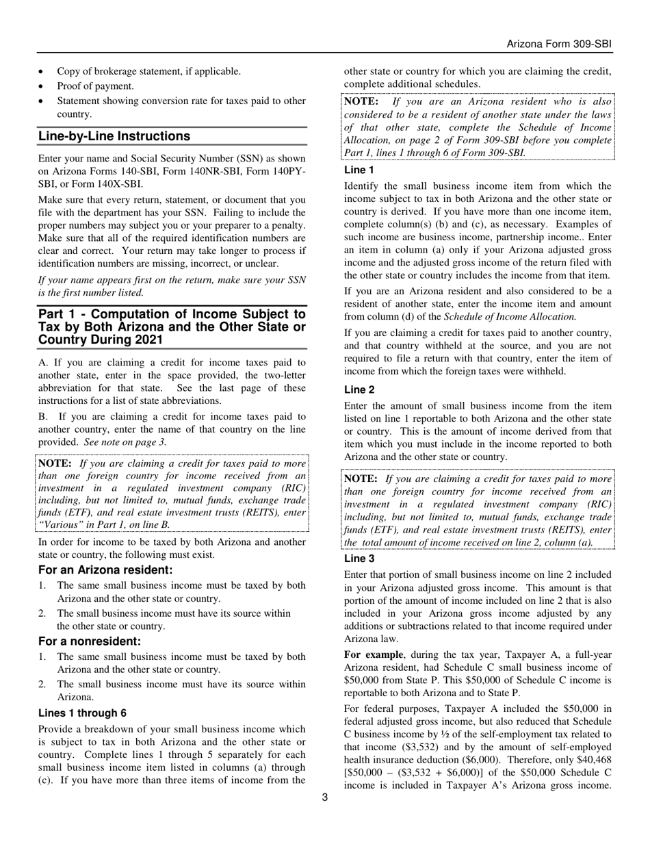 Instructions for Arizona Form 309-SBI, ADOR11406 Credit for Taxes Paid to Another State or Country for Forms 140-sbi, 140nr-Sbi and 140py-Sbi - Arizona, Page 3