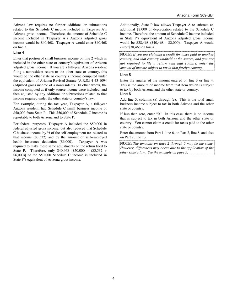 Instructions for Arizona Form 309-SBI, ADOR11406 Credit for Taxes Paid to Another State or Country for Forms 140-sbi, 140nr-Sbi and 140py-Sbi - Arizona, Page 4