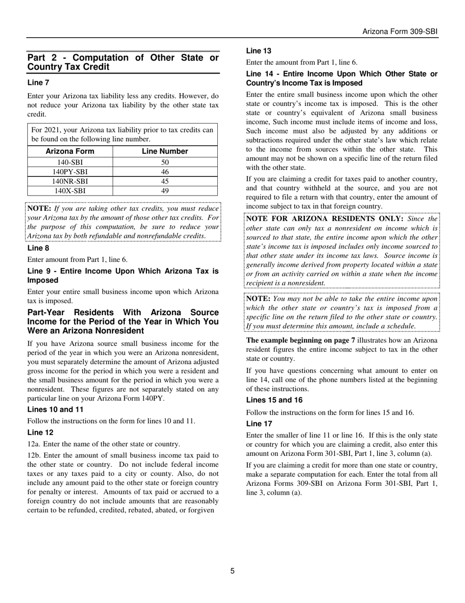 Instructions for Arizona Form 309-SBI, ADOR11406 Credit for Taxes Paid to Another State or Country for Forms 140-sbi, 140nr-Sbi and 140py-Sbi - Arizona, Page 5