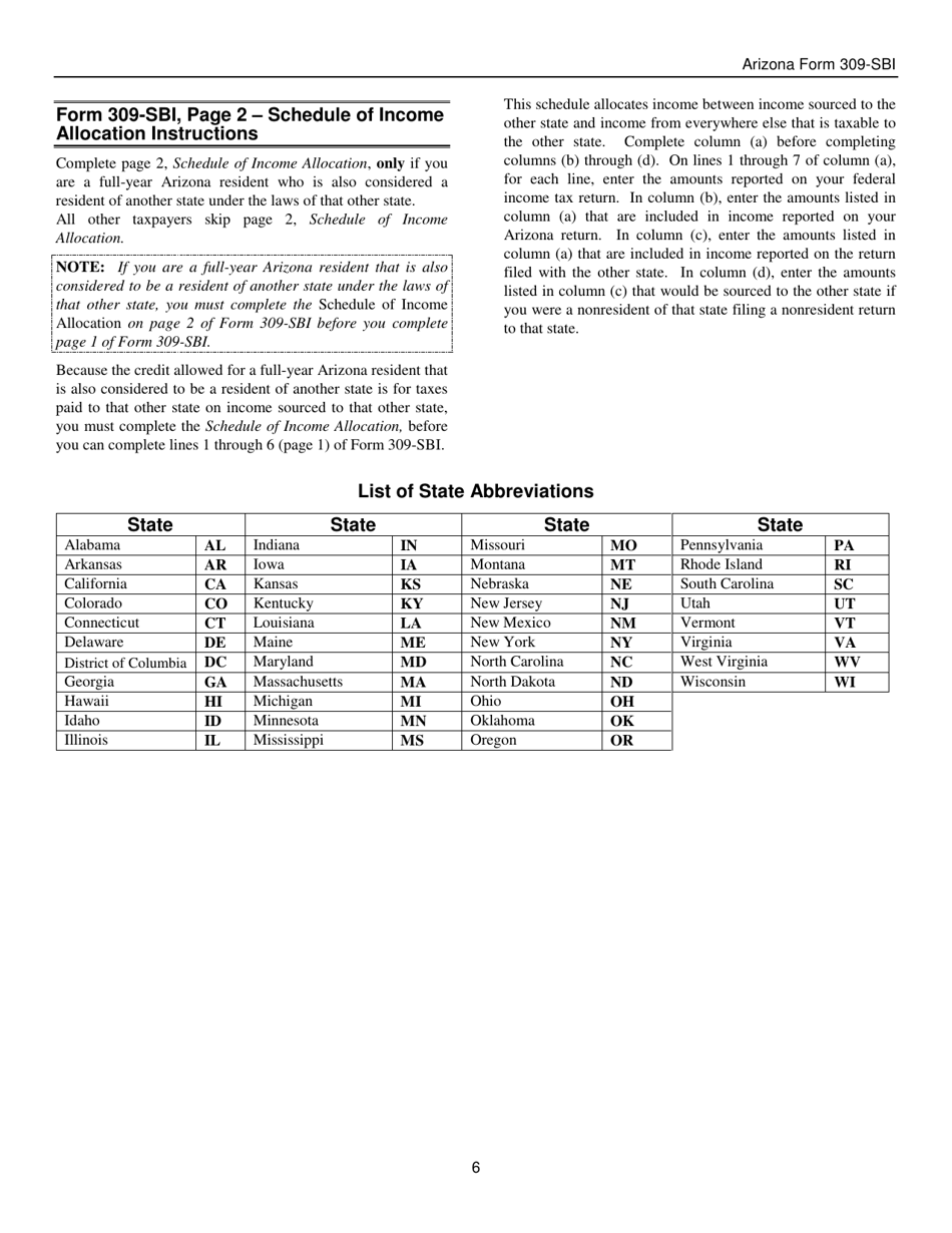 Instructions for Arizona Form 309-SBI, ADOR11406 Credit for Taxes Paid to Another State or Country for Forms 140-sbi, 140nr-Sbi and 140py-Sbi - Arizona, Page 6