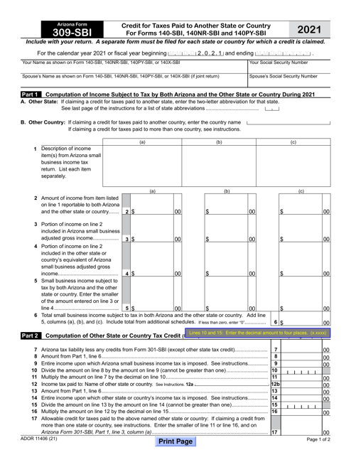 Arizona Form 309-SBI (ADOR11406) 2021 Printable Pdf