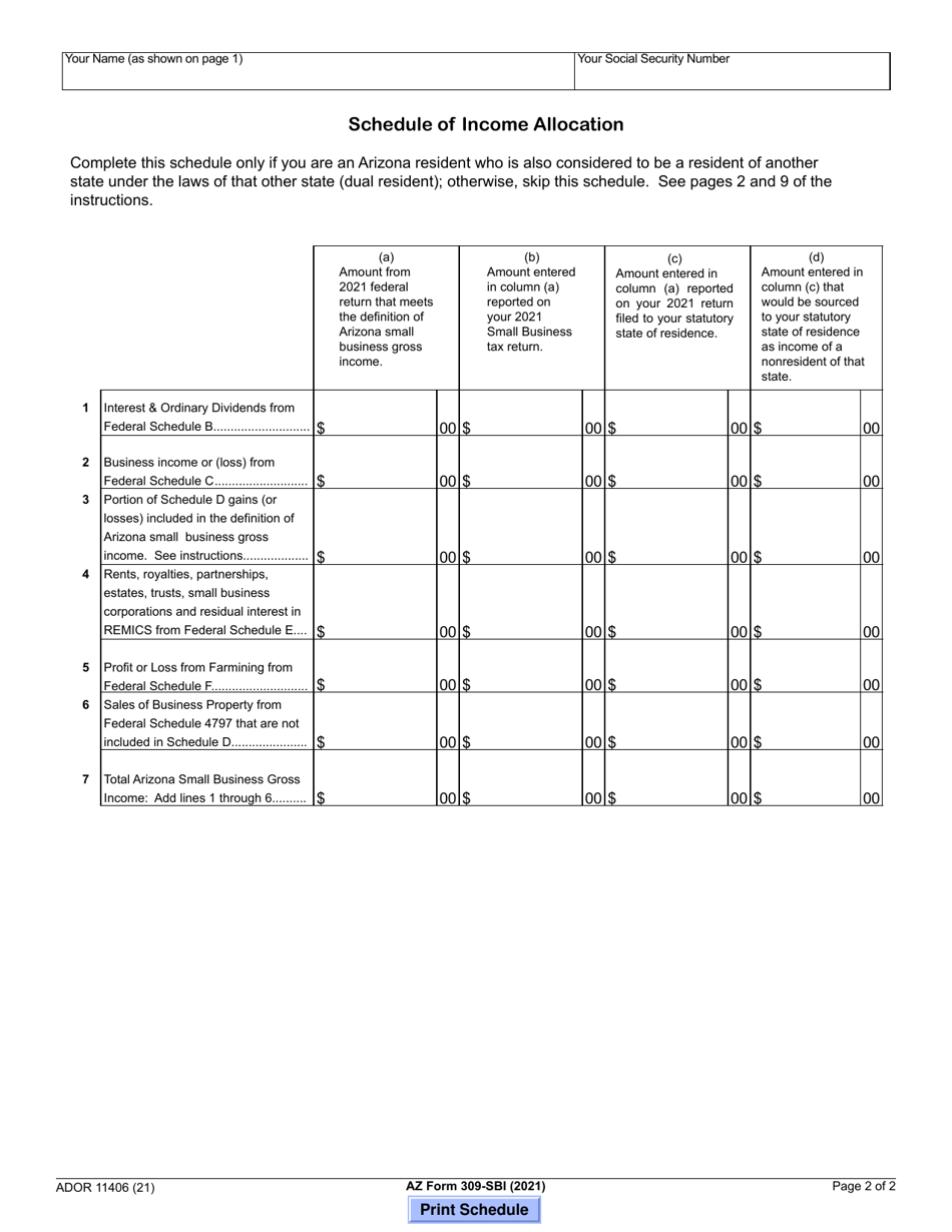 Arizona Form 309-SBI (ADOR11406) Credit for Taxes Paid to Another State or Country for Forms 140-sbi, 140nr-Sbi and 140py-Sbi - Arizona, Page 2