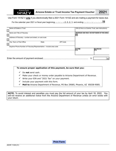 Arizona Form 141AZ V (ADOR11338) 2021 Printable Pdf