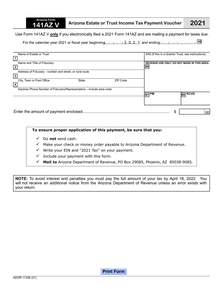 Arizona Form 141AZ V (ADOR11338) Arizona Estate or Trust Income Tax Payment Voucher - Arizona, Page 1