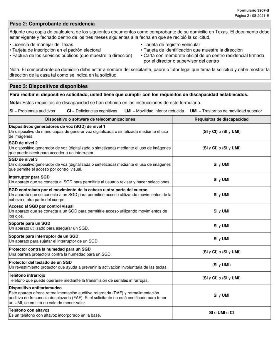 Formulario 3907-S Solicitud Para Dispositivos Generadores De Voz Del Programa De Asistencia Para Telecomunicaciones Especializadas (Stap) - Texas (Spanish), Page 2