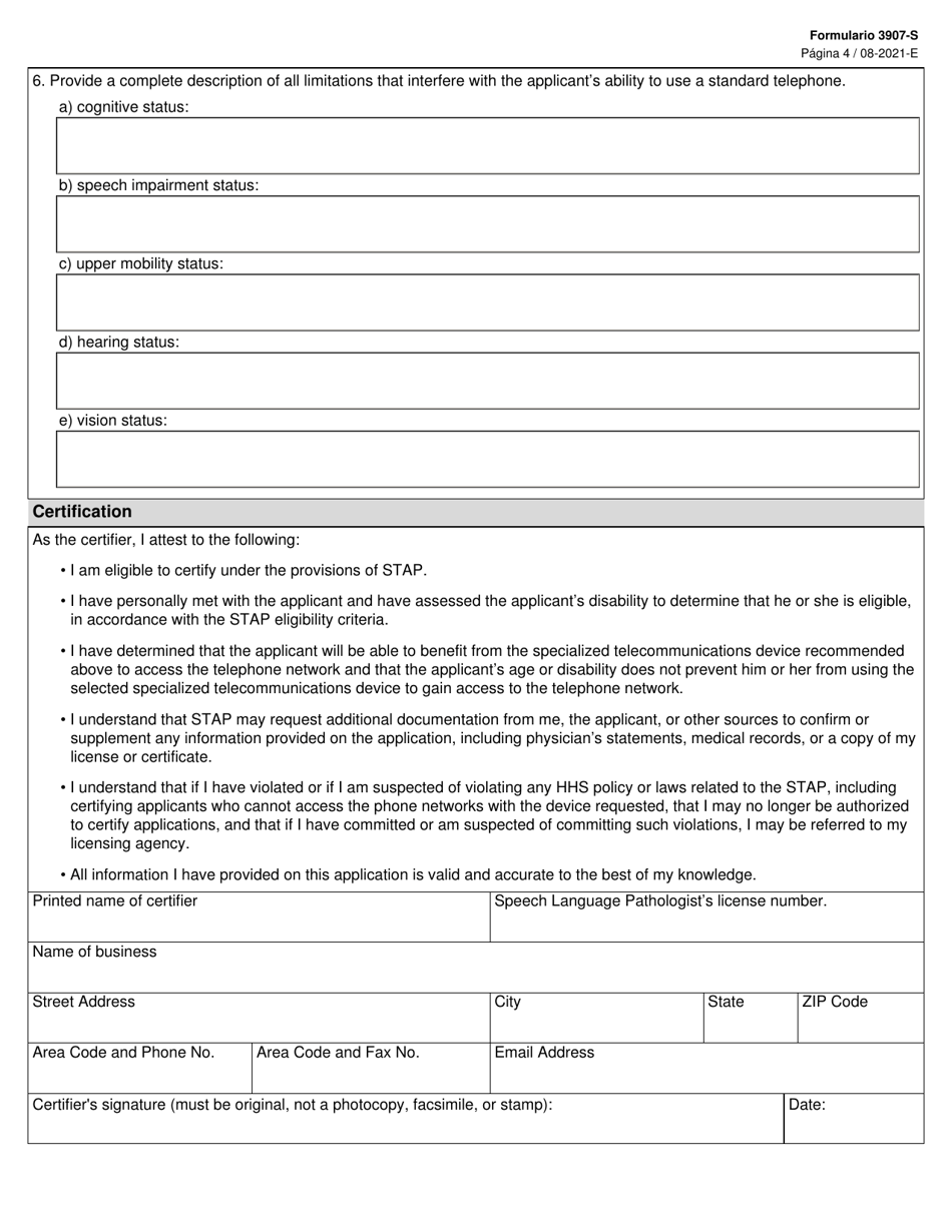 Formulario 3907-S Solicitud Para Dispositivos Generadores De Voz Del Programa De Asistencia Para Telecomunicaciones Especializadas (Stap) - Texas (Spanish), Page 4