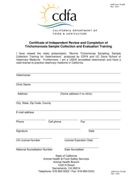AHB Form 76-206 Certificate of Independent Review and Completion of Trichomonosis Sample Collection and Evaluation Training - California