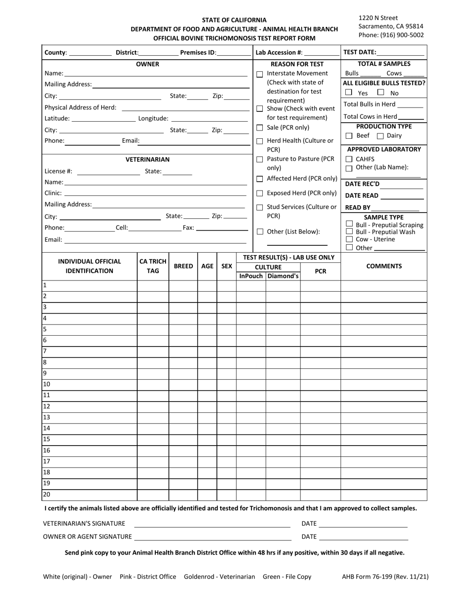 AHB Form 76-199 Official Bovine Trichomonosis Test Report Form - California, Page 1