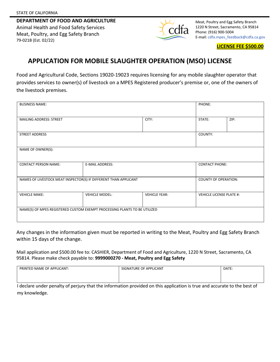 Form 79-021B Application for Mobile Slaughter Operation (Mso) License - California, Page 1