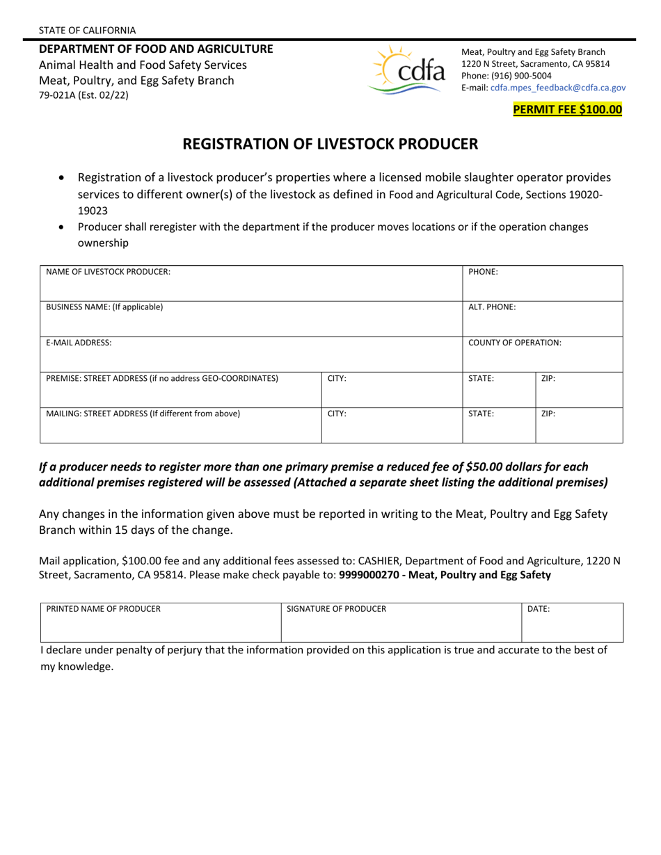 Form 79-021A Registration of Livestock Producer - California, Page 1