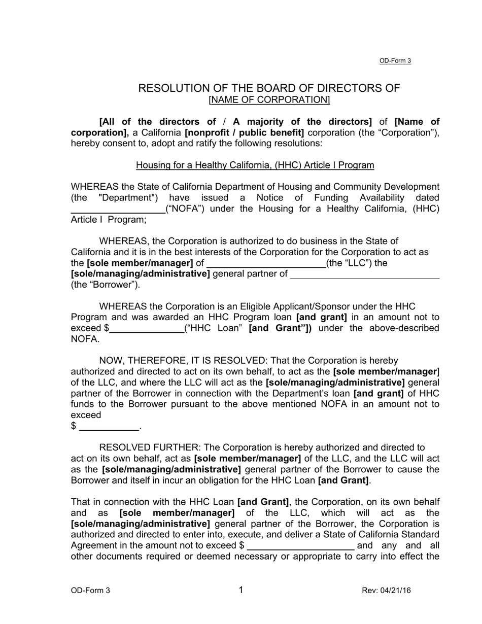 OD- Form 3 Resolution of the Board of Directors - Housing for a Healthy California (Hhc) Sponsor - California, Page 1