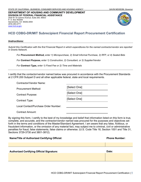 Hcd Cdbg-Dr / Mit Subrecipient Financial Report Procurement Certification - California Download Pdf