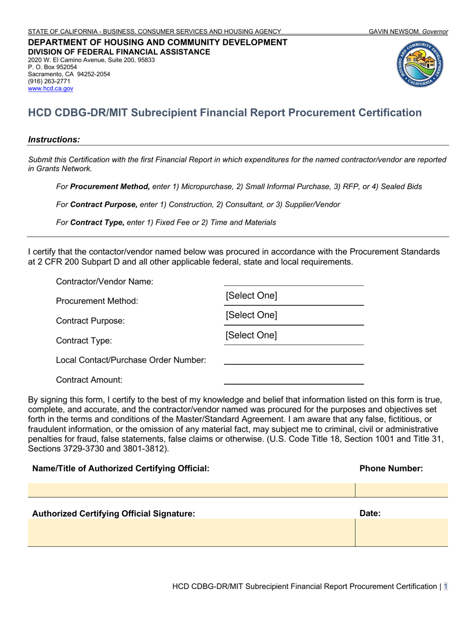 Hcd Cdbg-Dr / Mit Subrecipient Financial Report Procurement Certification - California, Page 1