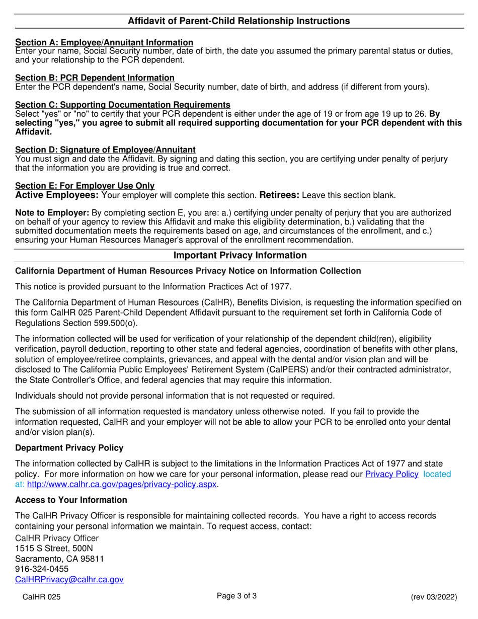 Form CALHR025 Affidavit of Parent-Child Relationship - California, Page 3