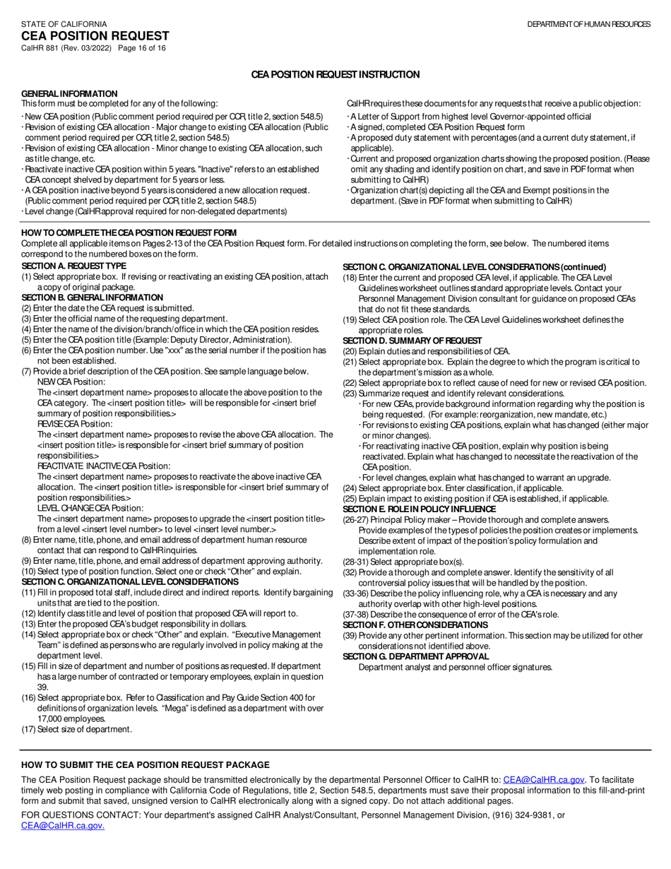 Form CALHR881 Cea Position Request - California, Page 16