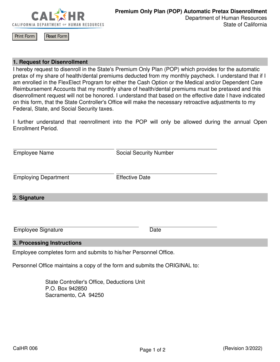 Form CALHR006 Download Fillable PDF or Fill Online Premium Only Plan ...