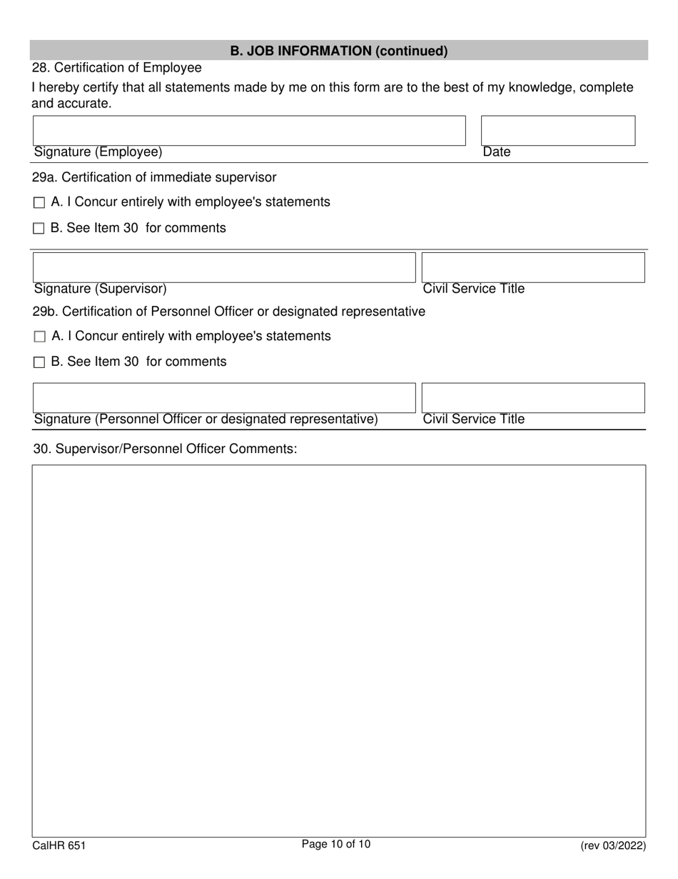 Form CALHR651 Job Description Form - California, Page 10