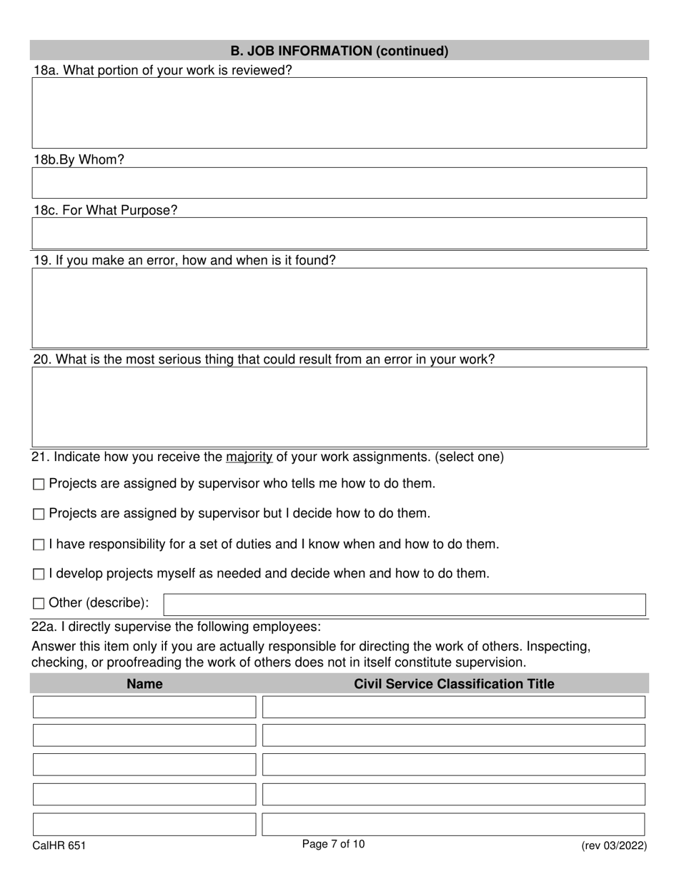 Form CALHR651 Job Description Form - California, Page 7