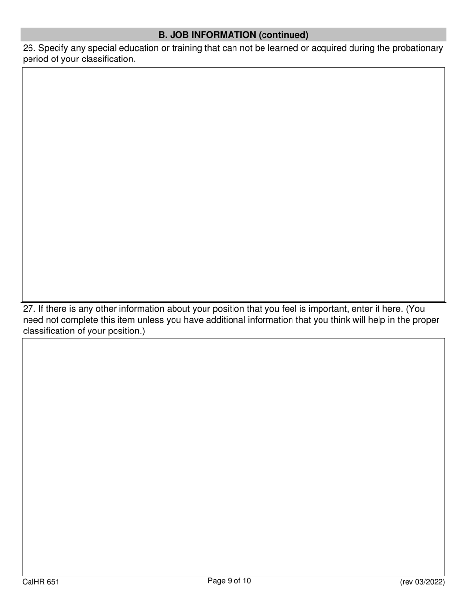 Form CALHR651 Job Description Form - California, Page 9