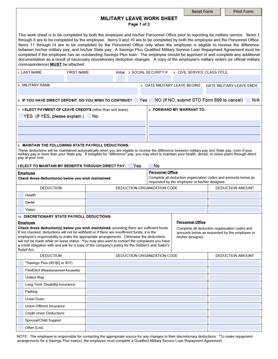 Military Leave Work Sheet - California, Page 1