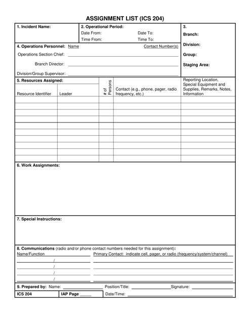 ICS Form 204 Assignment List