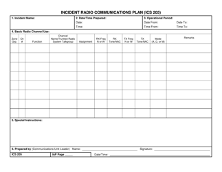 ICS Form 205 &quot;Incident Radio Communications Plan&quot;