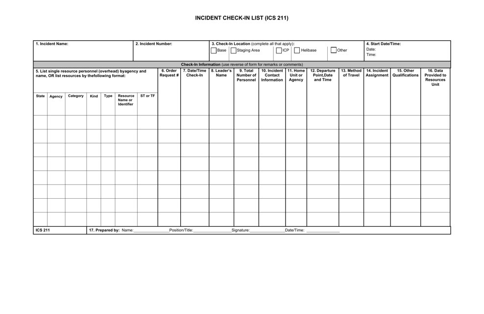 ICS Form 211 Incident Check-In List