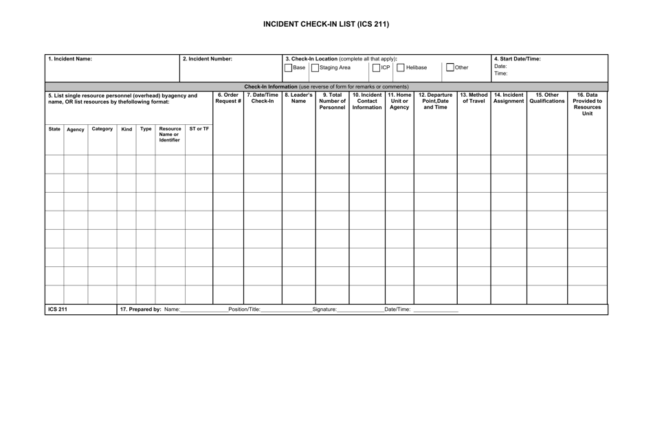 ICS Form 211 Incident Check-In List, Page 1