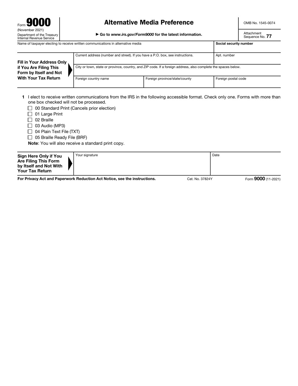 IRS Form 9000 Alternative Media Preference, Page 1
