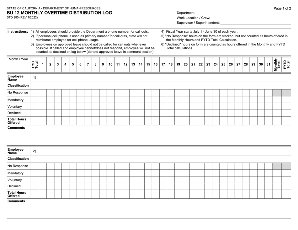 Form STD980 Bu 12 Monthly Overtime Distribution Log - California, Page 1
