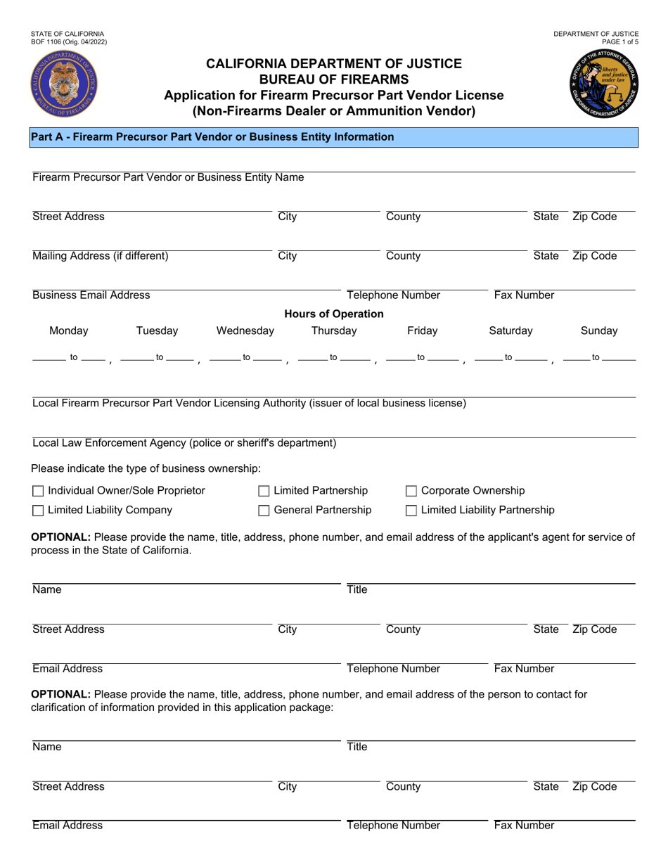Form BOF1106 Application for Firearm Precursor Part Vendor License (Non-firearms Dealer or Ammunition Vendor) - California, Page 1