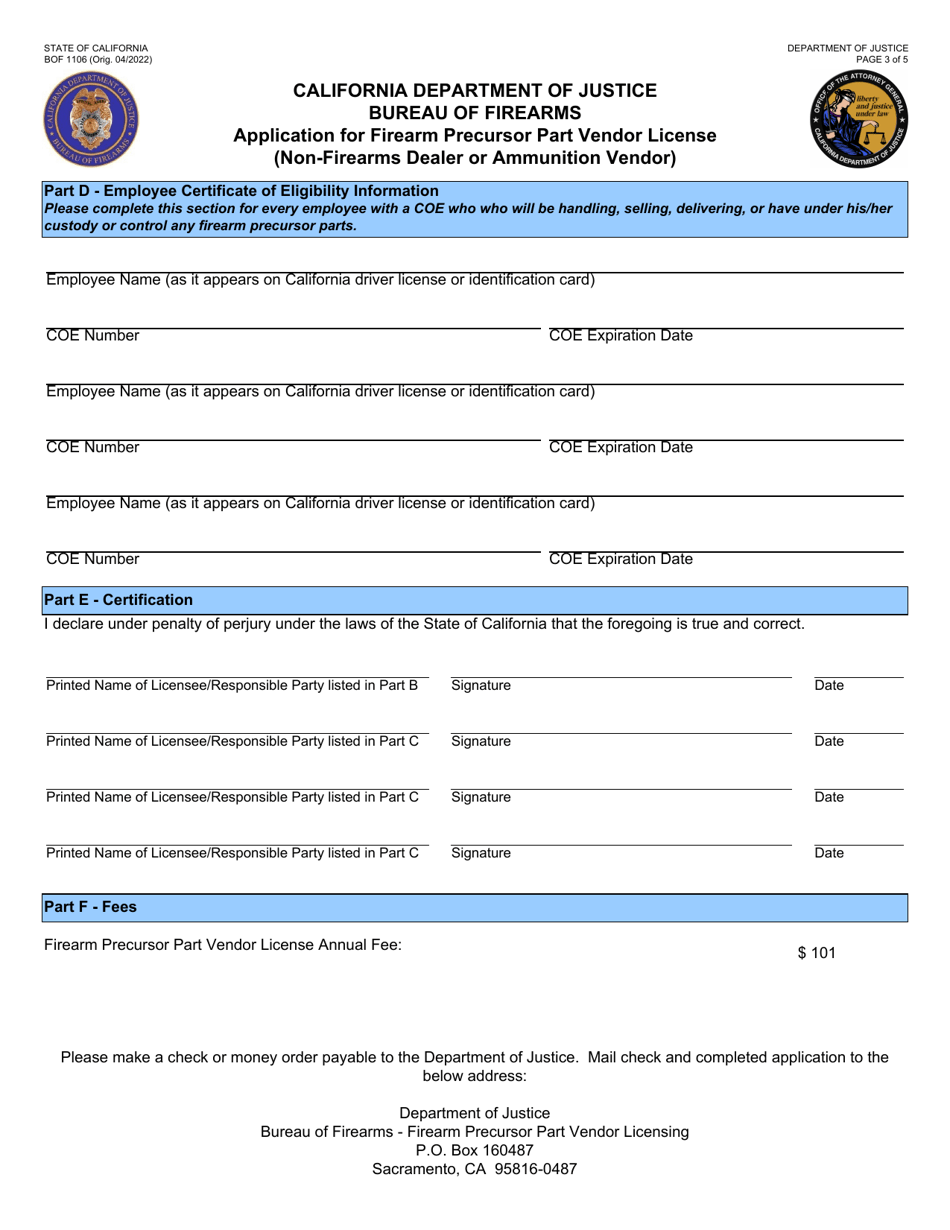 Form BOF1106 Application for Firearm Precursor Part Vendor License (Non-firearms Dealer or Ammunition Vendor) - California, Page 3