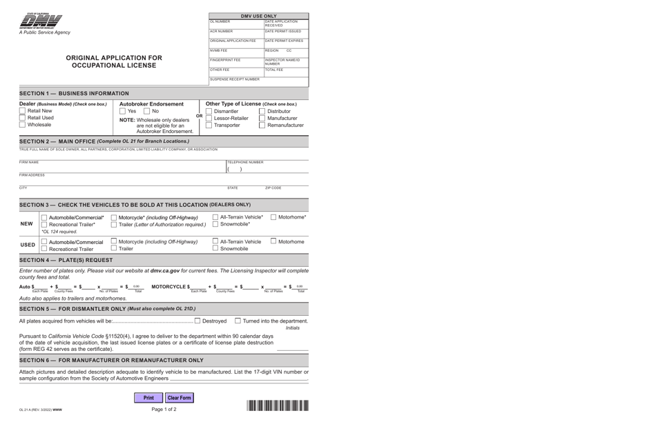 Form OL21A Original Application for Occupational License - California, Page 1